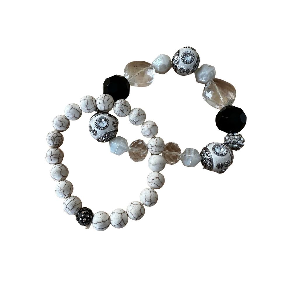Pair of Black and White Stone and Glass Stretch Bracelets